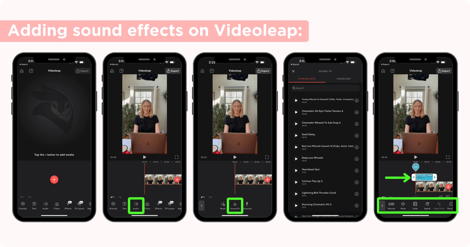 Five app screens showing steps to add sound effects to a video in Videoleap.
