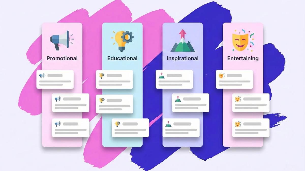 Four columns labeled promotional, educational, inspirational and entertaining, each with icon cards and content lines
