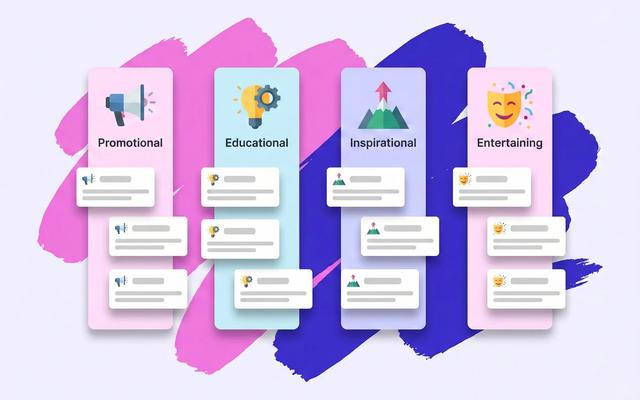 Cuatro columnas tituladas «promocional», «educativa», «inspiradora» y «entretenida», cada una con tarjetas con iconos y líneas de contenido