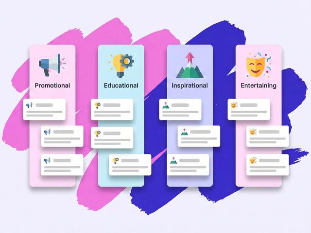Four columns labeled promotional, educational, inspirational and entertaining, each with icon cards and content lines