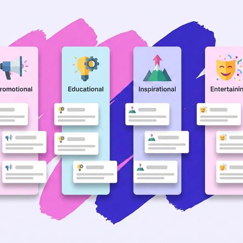 Cuatro columnas tituladas «promocional», «educativa», «inspiradora» y «entretenida», cada una con tarjetas con iconos y líneas de contenido