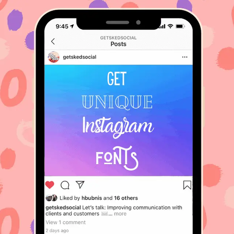 Instagram UI on a phone, displaying a post with text: Get Unique Instagram Fonts. Pink, purple, and orange dots background.