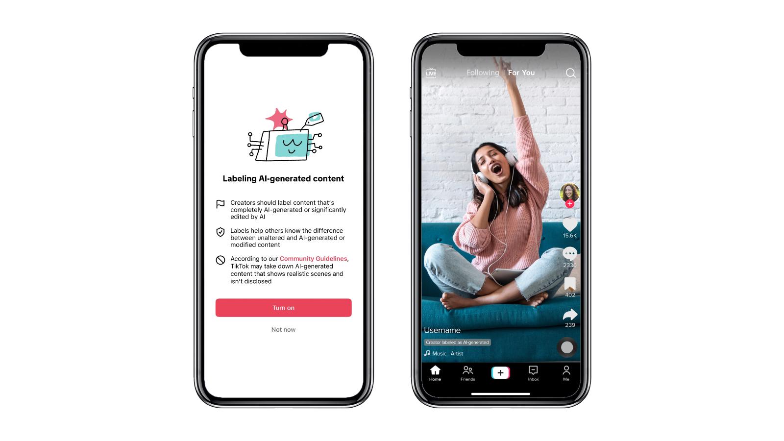 Dos pantallas de teléfono con el aviso de TikTok para etiquetar contenido generado por IA y un video con esa etiqueta.