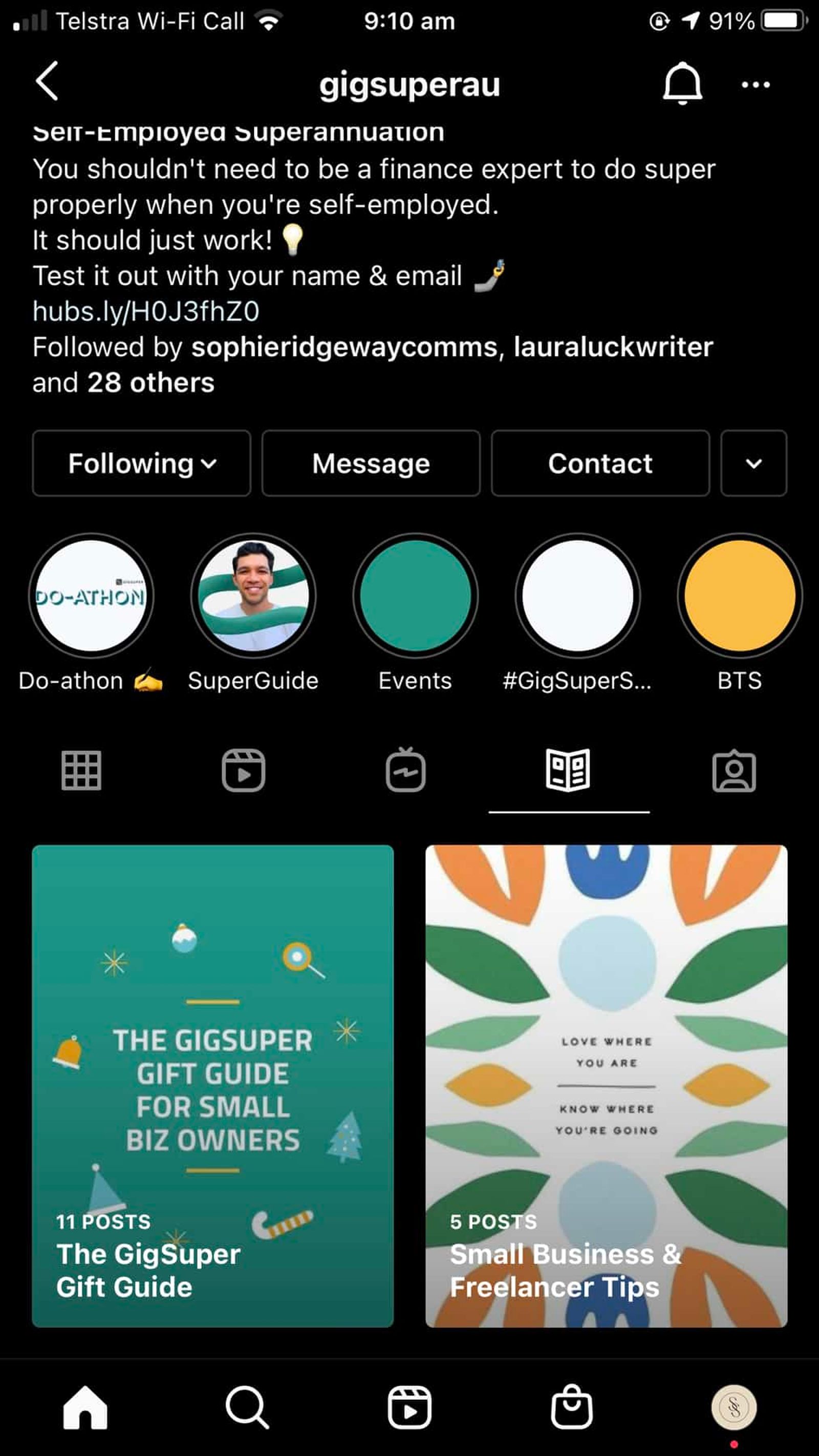 Instagram de Gig Super mostrando guías para regalos para propietarios de pequeñas empresas y consejos para pequeñas empresas y freelancers