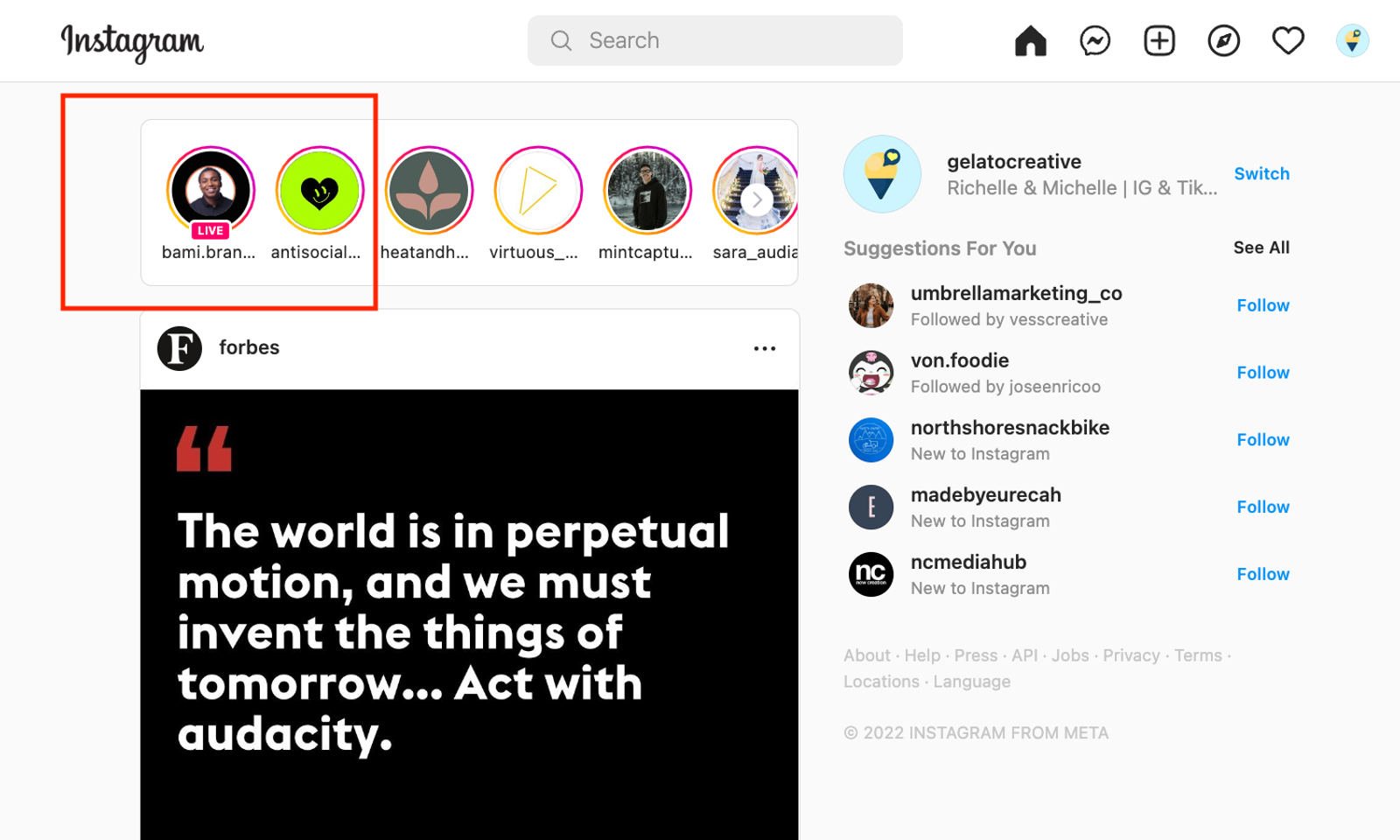 Instagram web homepage with the stories row highlighted at the top of the feed