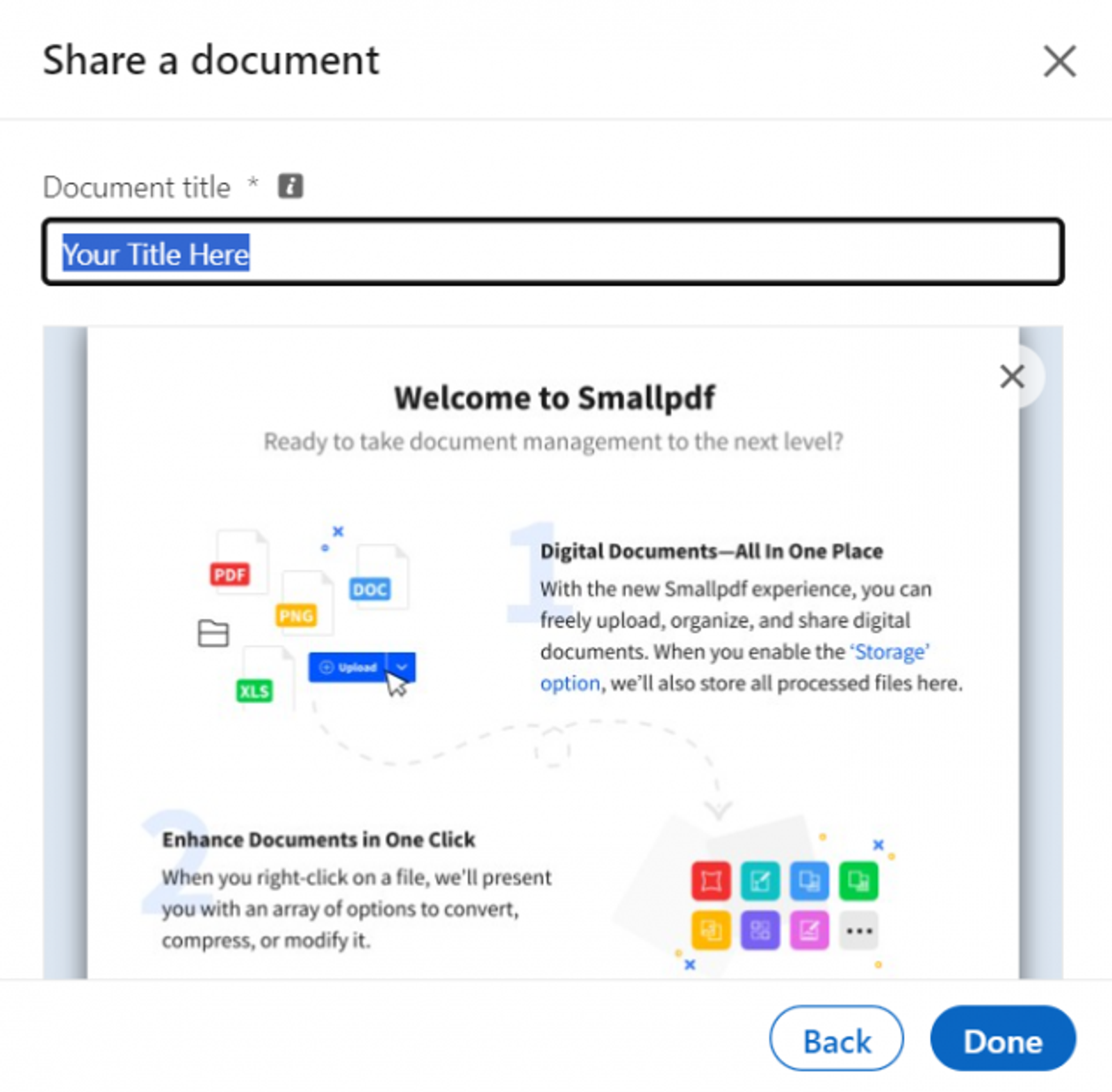 Cuadro de LinkedIn para compartir un documento, con campo de título, vista previa y botones Atrás y Listo.