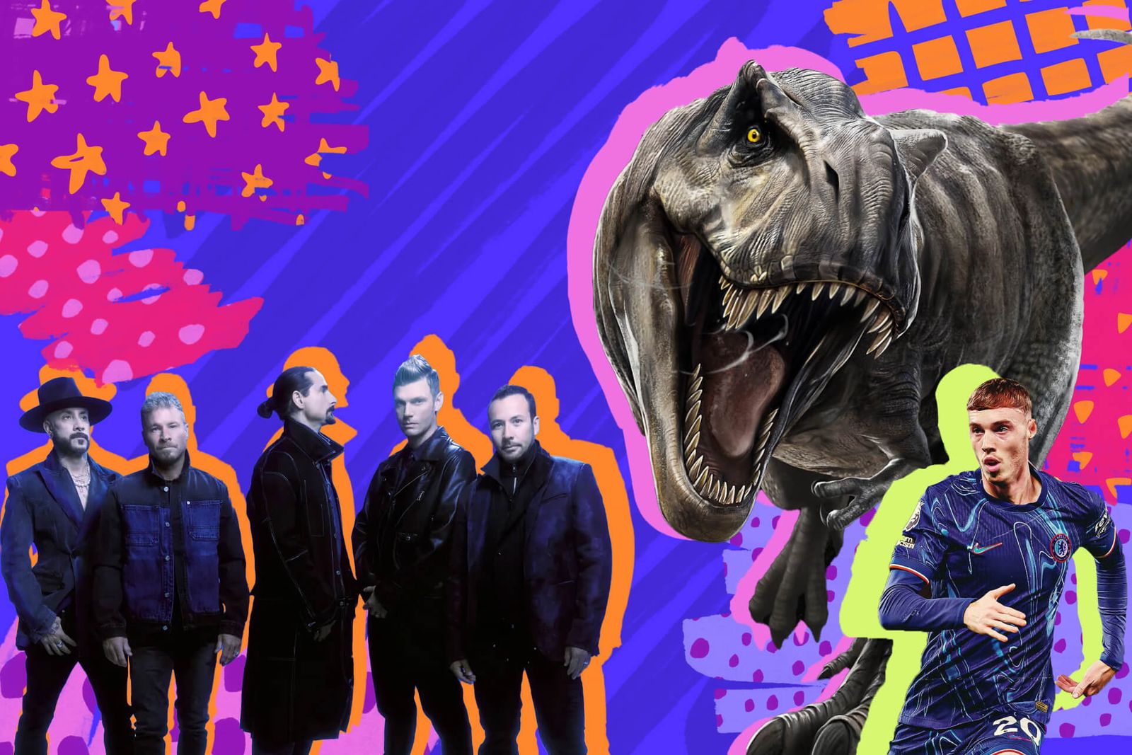 Collage of a boy band, a roaring T-Rex and a soccer player on a colorful graphic background.