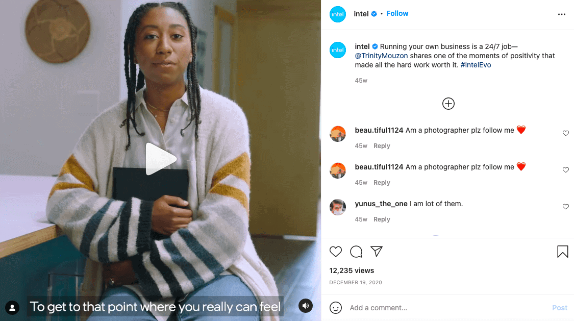 Publicación de Instagram de Intel en la que aparece un vídeo de una mujer, con los pies de foto, los comentarios y los «me gusta» visibles debajo.