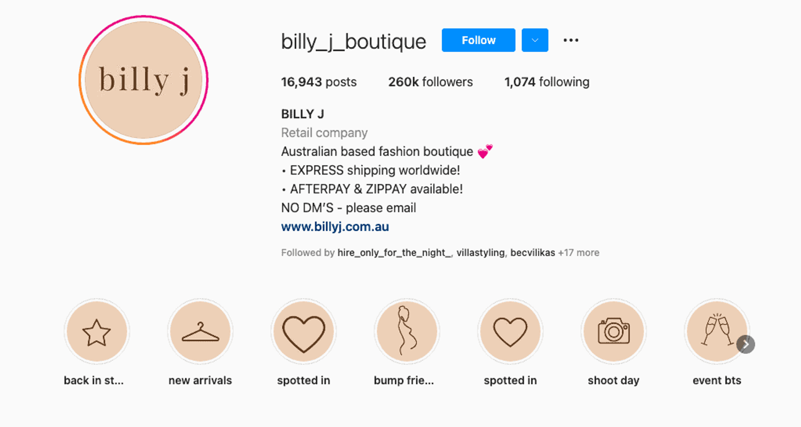 Perfil de Instagram de una boutique de moda, con biografía, cantidad de seguidores e historias destacadas.