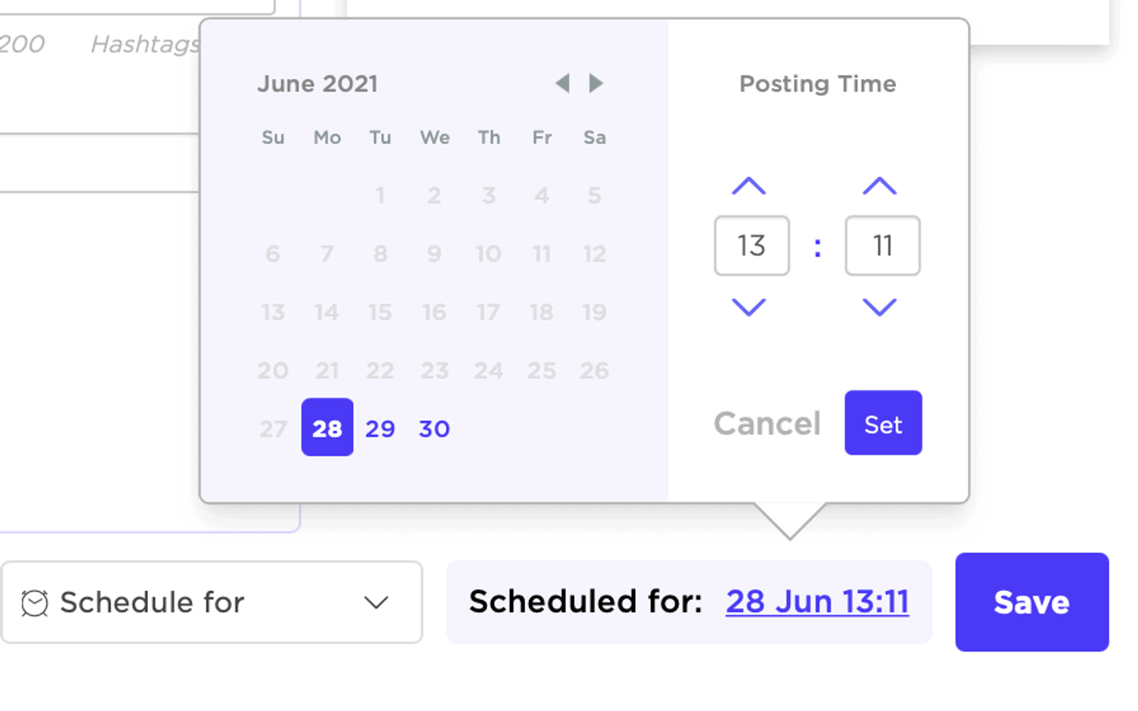 Selector de fecha y hora de Sked Social con un calendario y campos de hora de publicación junto al botón Guardar.