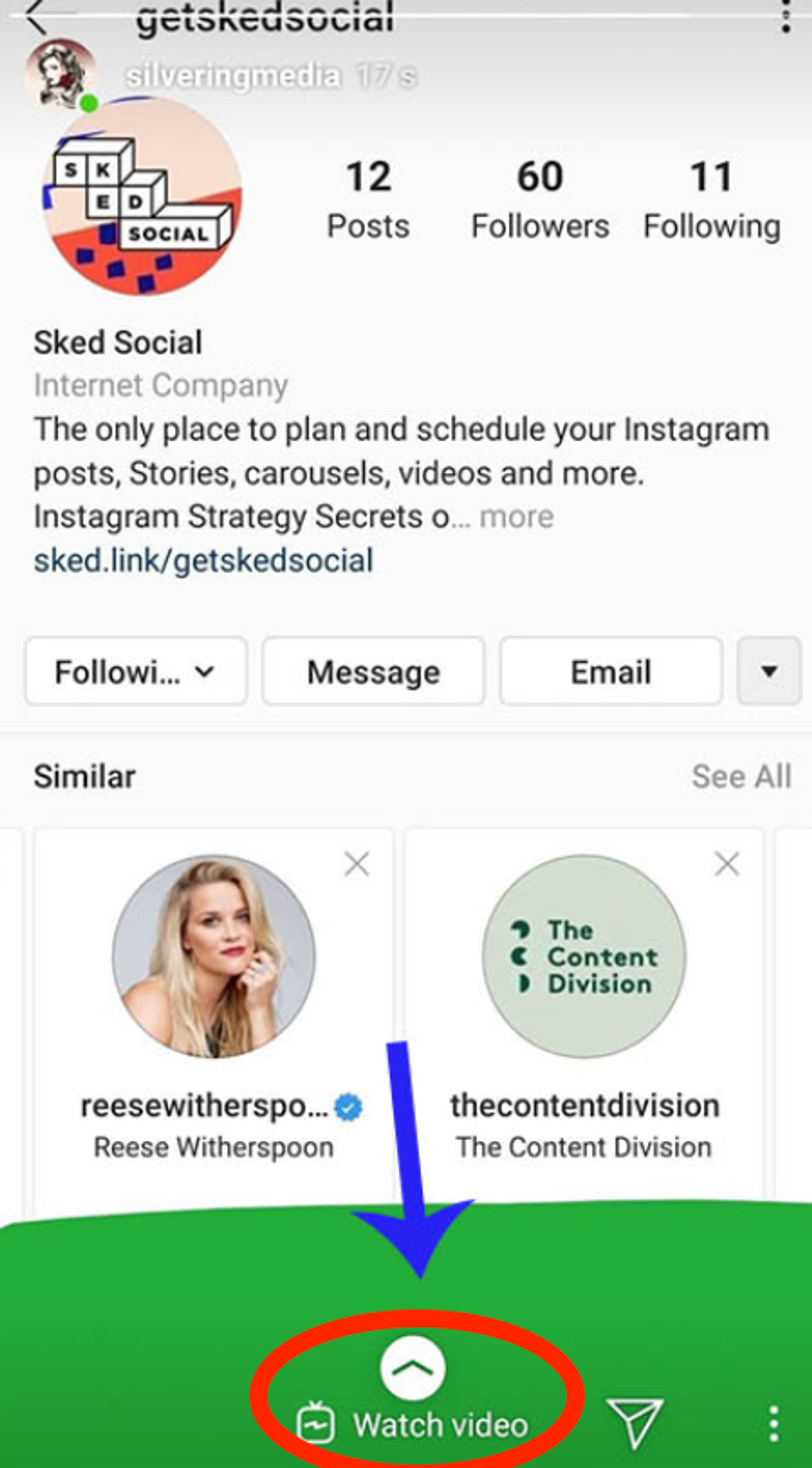 Insta Story showing watch IGTV video link up