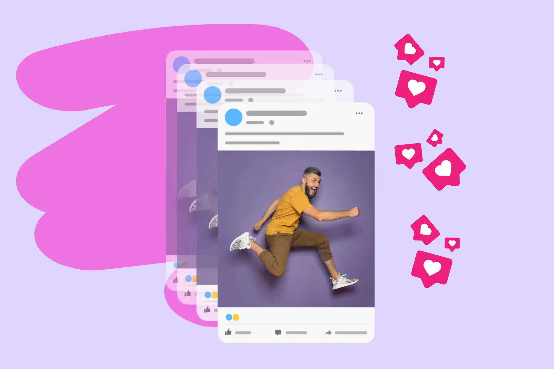 Stacked social media post cards with a running man photo, surrounded by like notification icons