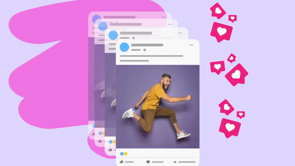 Stacked social media post cards with a running man photo, surrounded by like notification icons
