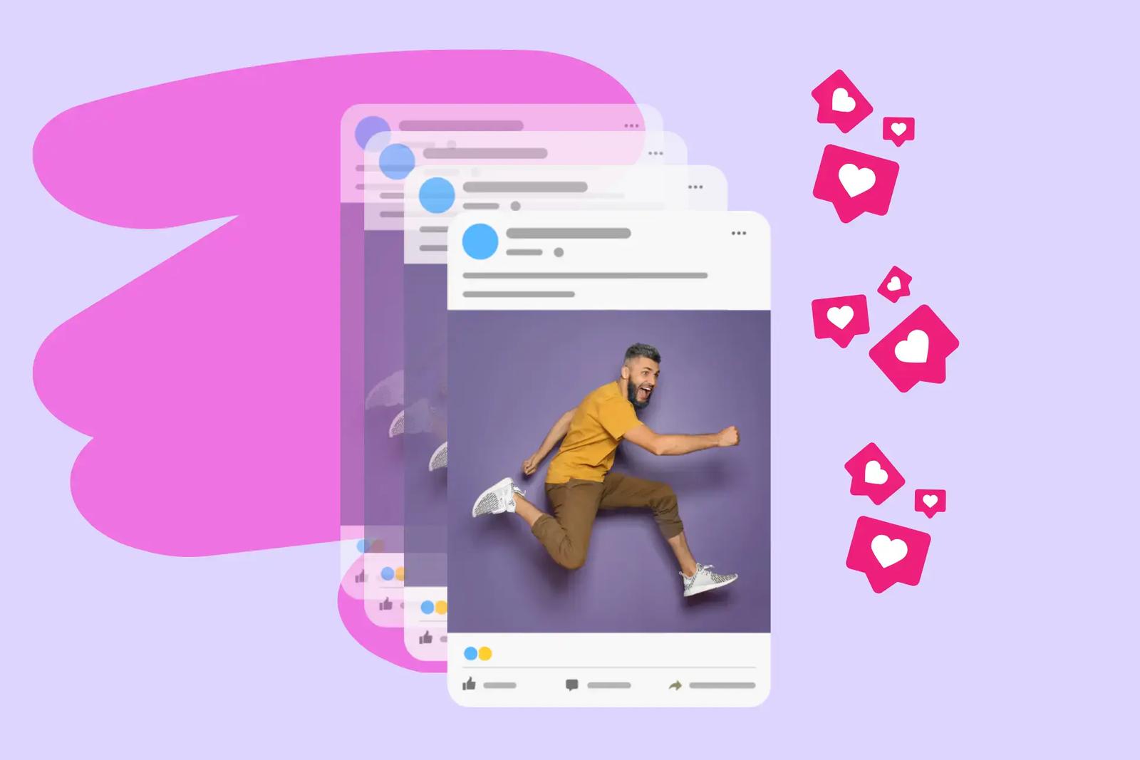 Tarjetas de redes sociales apiladas con la foto de un hombre corriendo, rodeadas de iconos de notificaciones de «Me gusta»