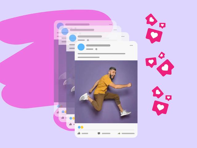 Stacked social media post cards with a running man photo, surrounded by like notification icons