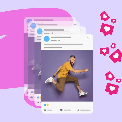 Stacked social media post cards with a running man photo, surrounded by like notification icons