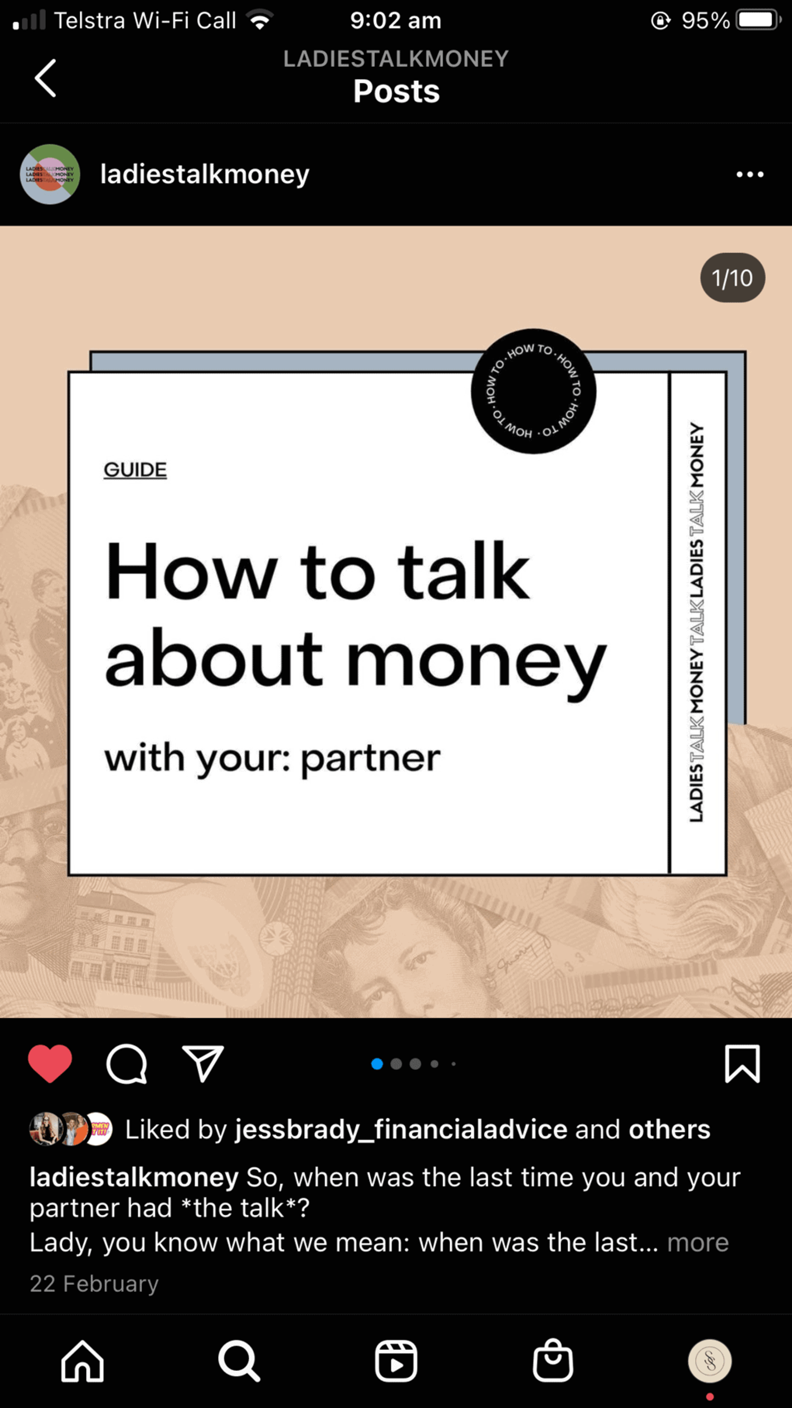 Ejemplo de carrusel de Ladies Talk Money sobre cómo hablar de dinero con tu pareja, diapositiva uno