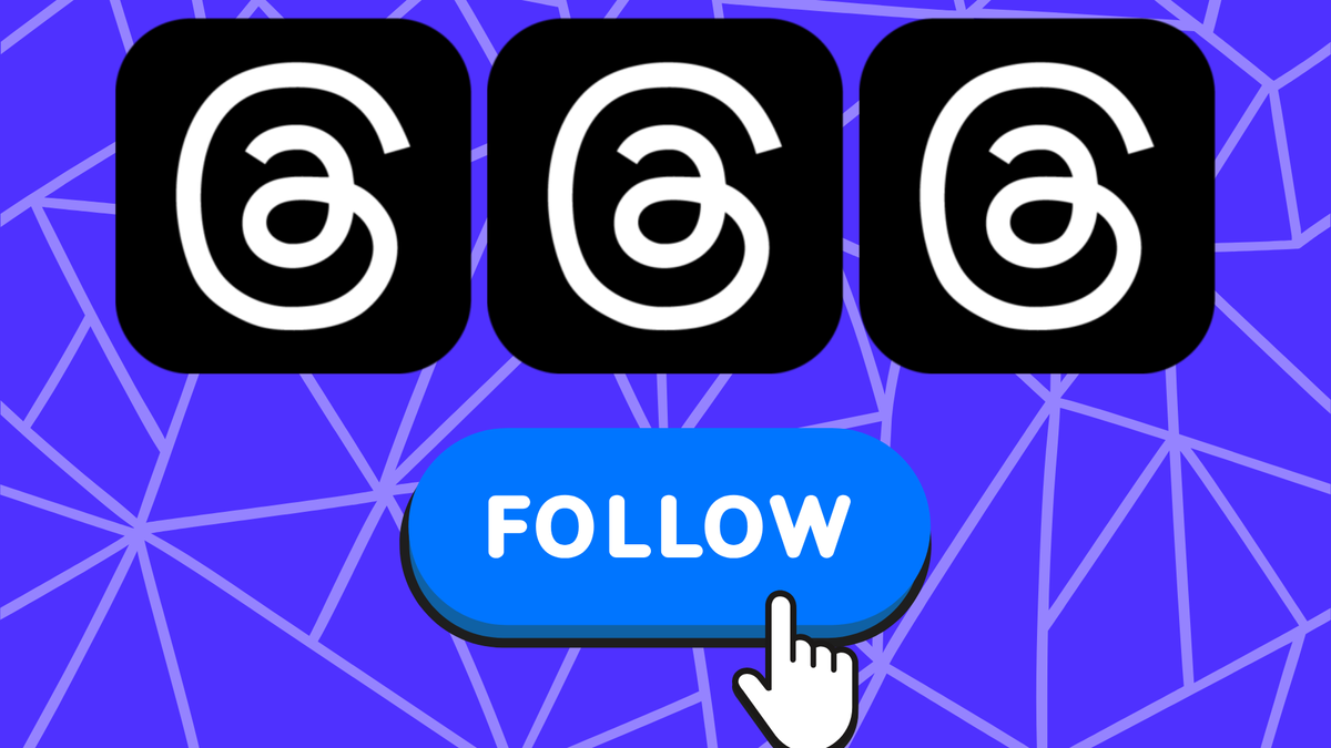 Three black app icons with white abstract 'a' symbols, a blue 'follow' button, and a white mouse pointer.