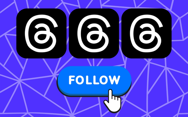 Three black app icons with white abstract 'a' symbols, a blue 'follow' button, and a white mouse pointer.