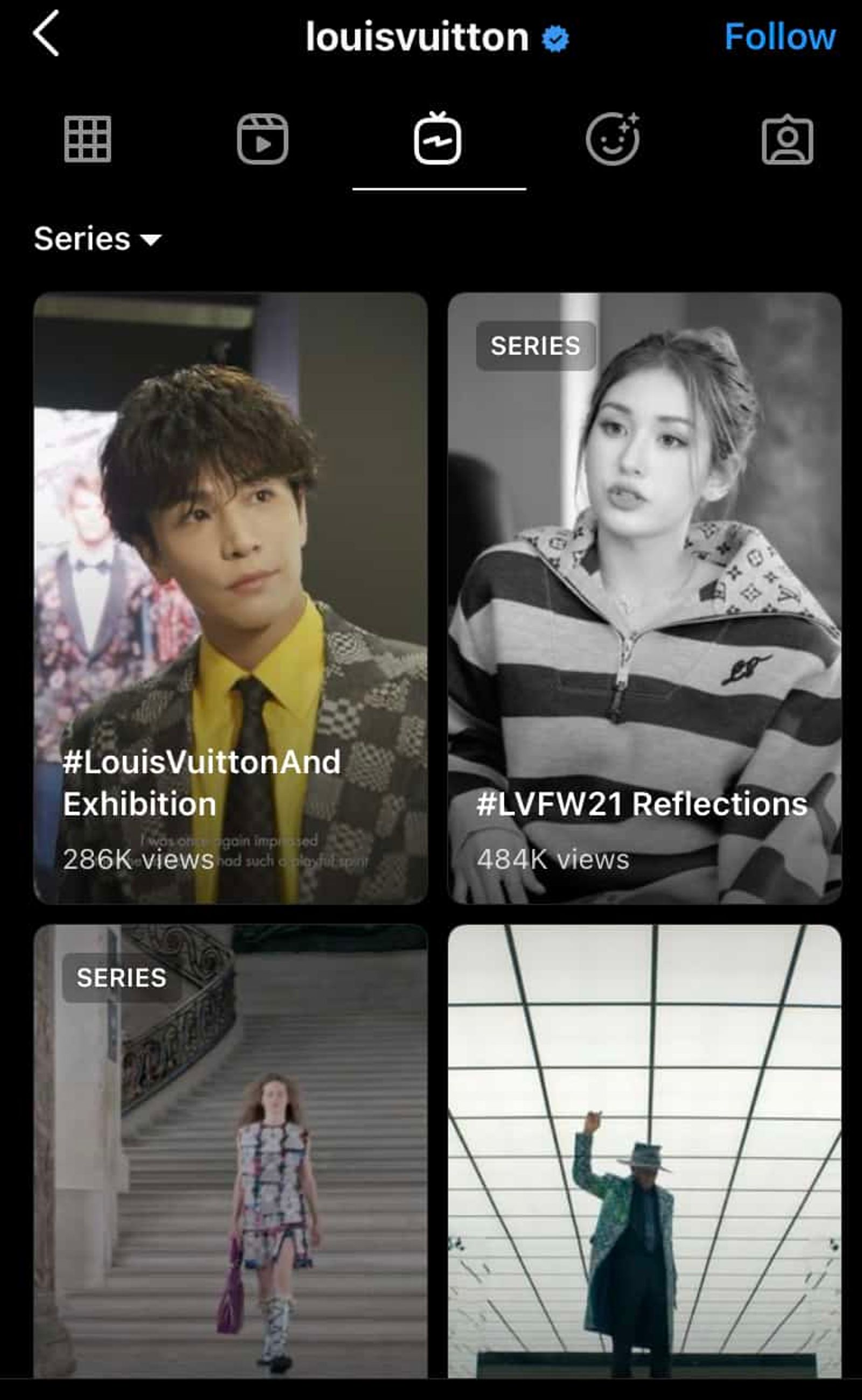 Pestaña IGTV de Instagram de Louis Vuitton con una cuadrícula de miniaturas de series de video.