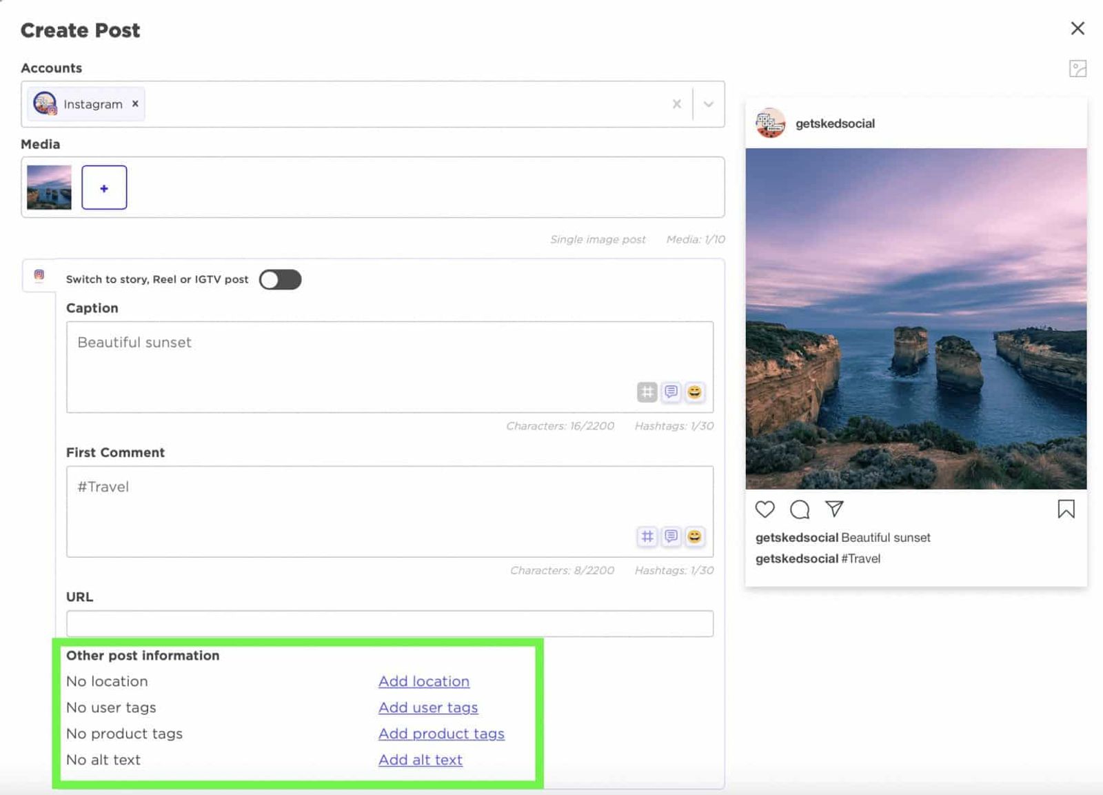 Agregar etiquetas de producto a la publicación de Instagram en Sked Social