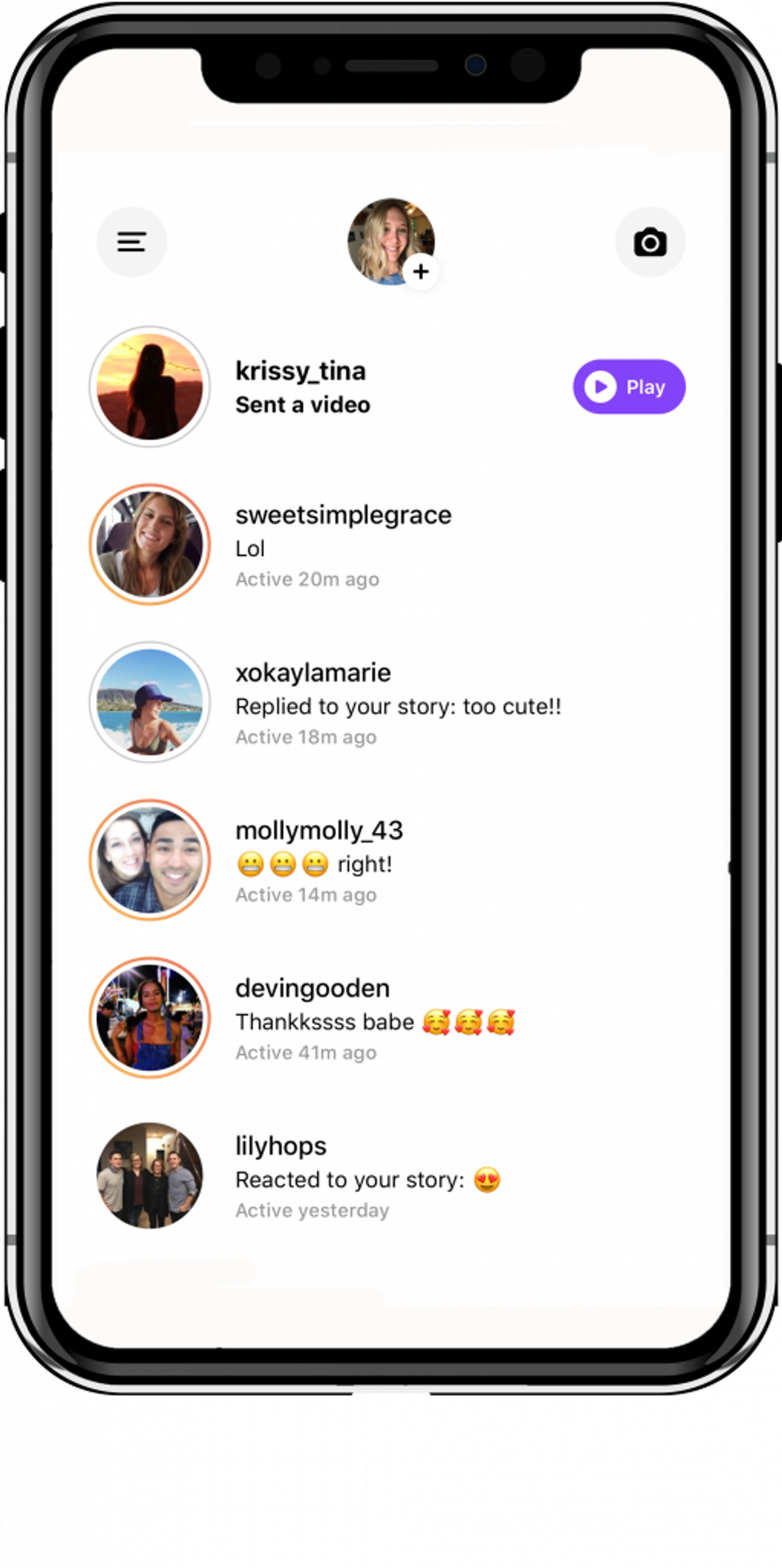 Pantalla de un celular con la bandeja de mensajes directos de Instagram, mostrando usuarios y su estado de actividad.