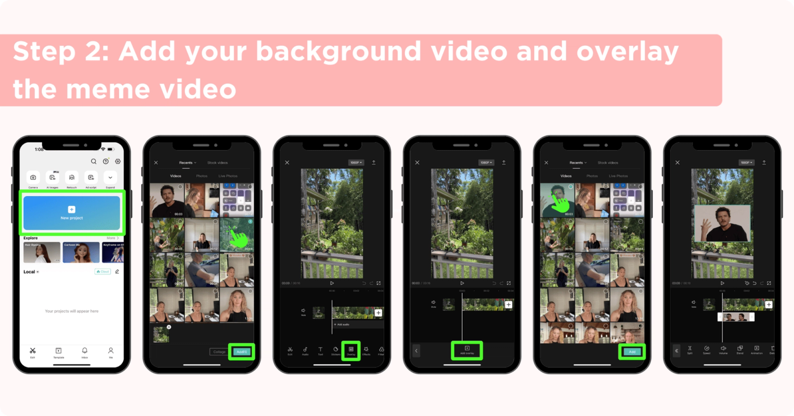 CapCut app screens showing steps to add a background video and overlay a meme video clip.