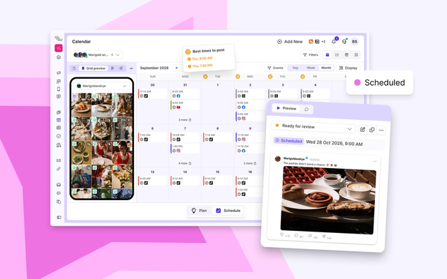 Calendario de contenido de Sked Social con publicaciones de Threads junto a Instagram, Facebook y TikTok, y la vista previa de una publicación de Threads programada para el miércoles 28 de octubre de 2026 a las 9:00