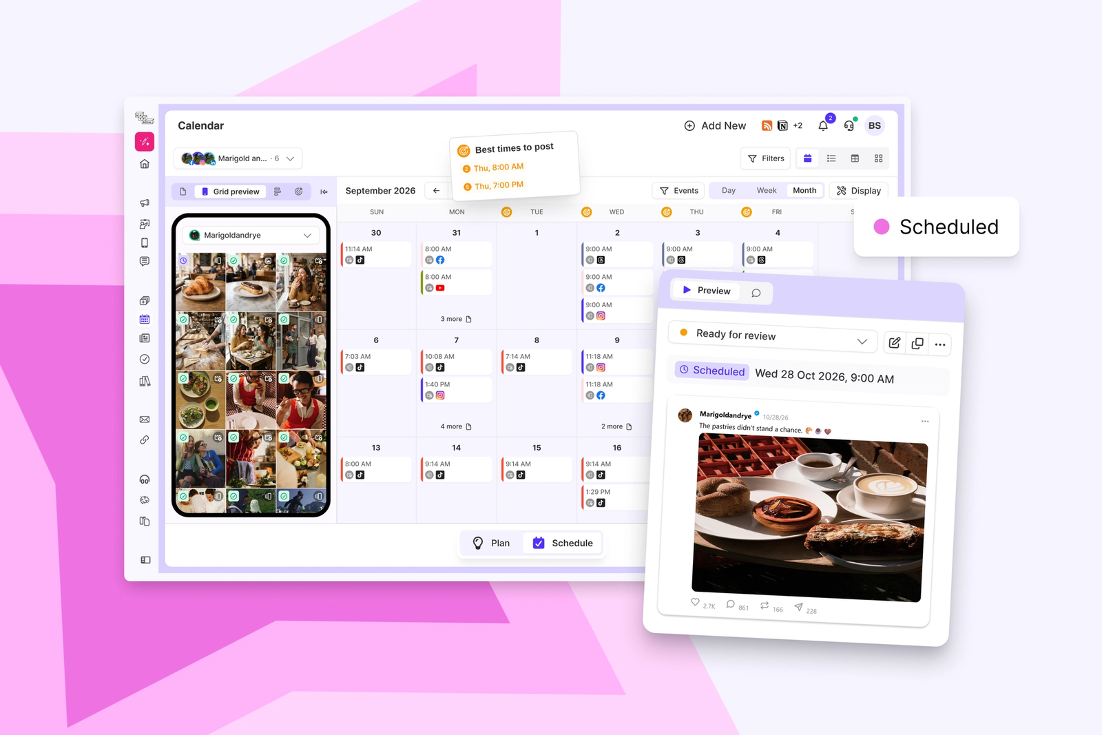 Sked Social content calendar with Threads posts scheduled alongside Instagram, Facebook and TikTok posts, and a Threads post preview marked Scheduled for Wed 28 Oct 2026, 9:00 AM