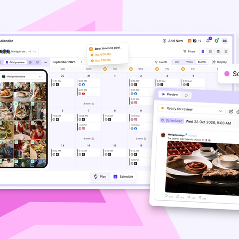 Sked Social content calendar with Threads posts scheduled alongside Instagram, Facebook and TikTok posts, and a Threads post preview marked Scheduled for Wed 28 Oct 2026, 9:00 AM