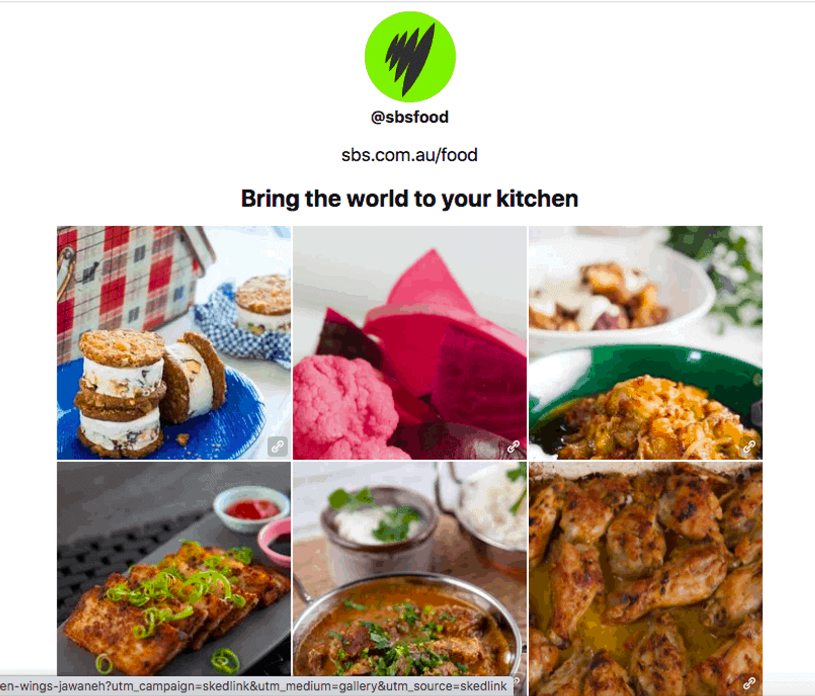 Página de Sked Link de @sbsfood con una cuadrícula de fotos de comida enlazadas a recetas.