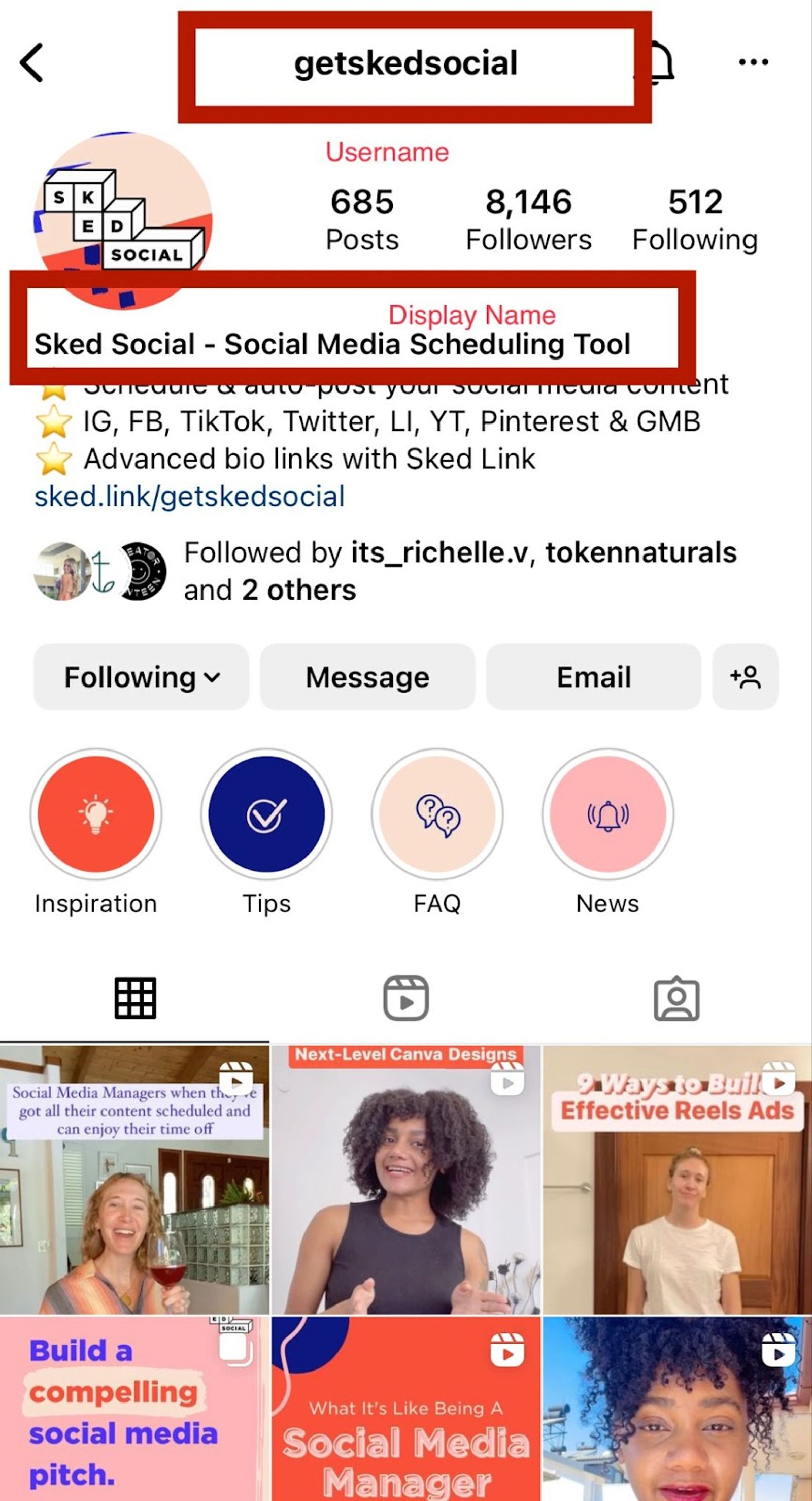 Perfil de Instagram de getskedsocial con los campos de nombre de usuario y nombre visible destacados.