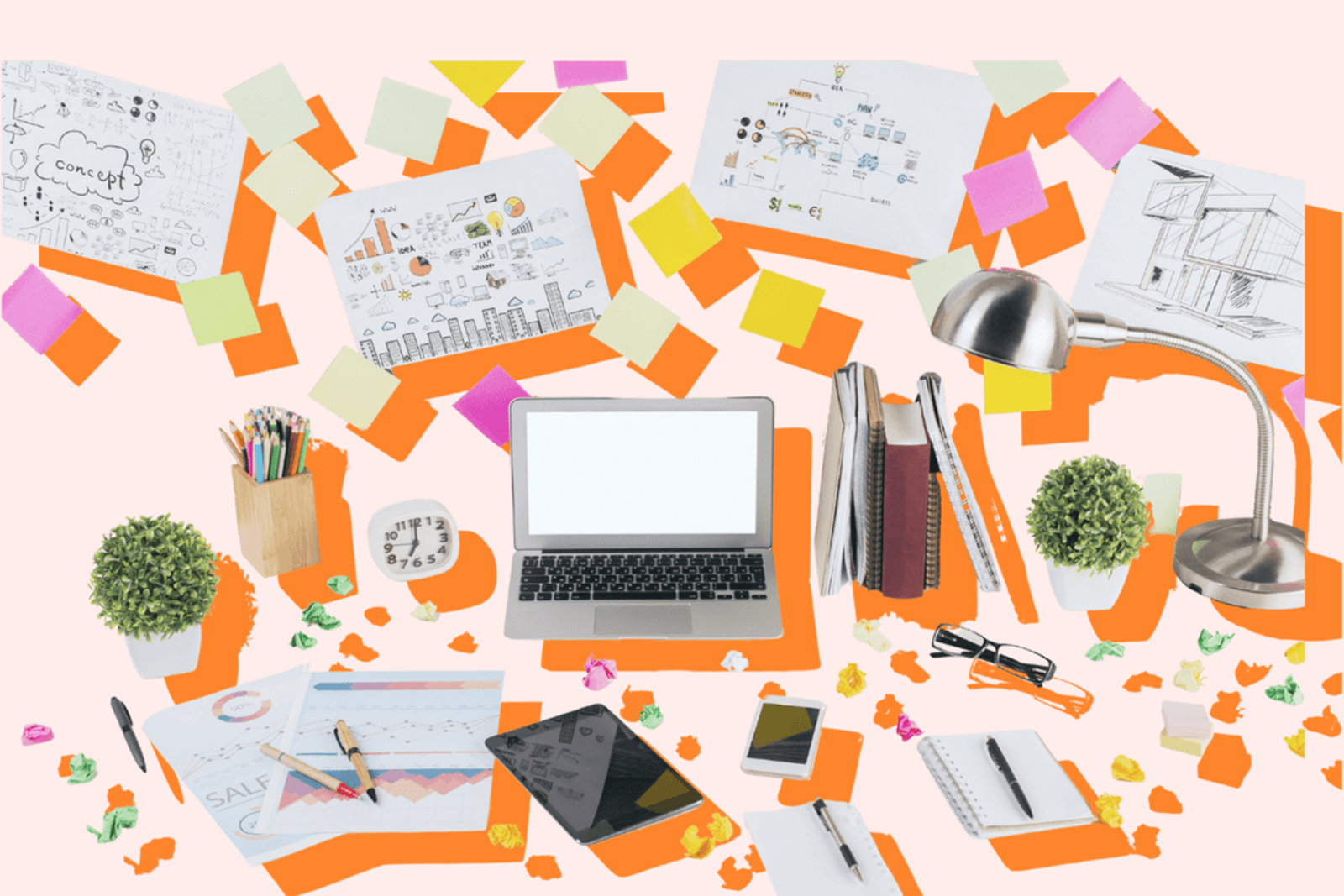 Illustrated desk with laptop, notebooks, charts, sketches and sticky notes scattered around