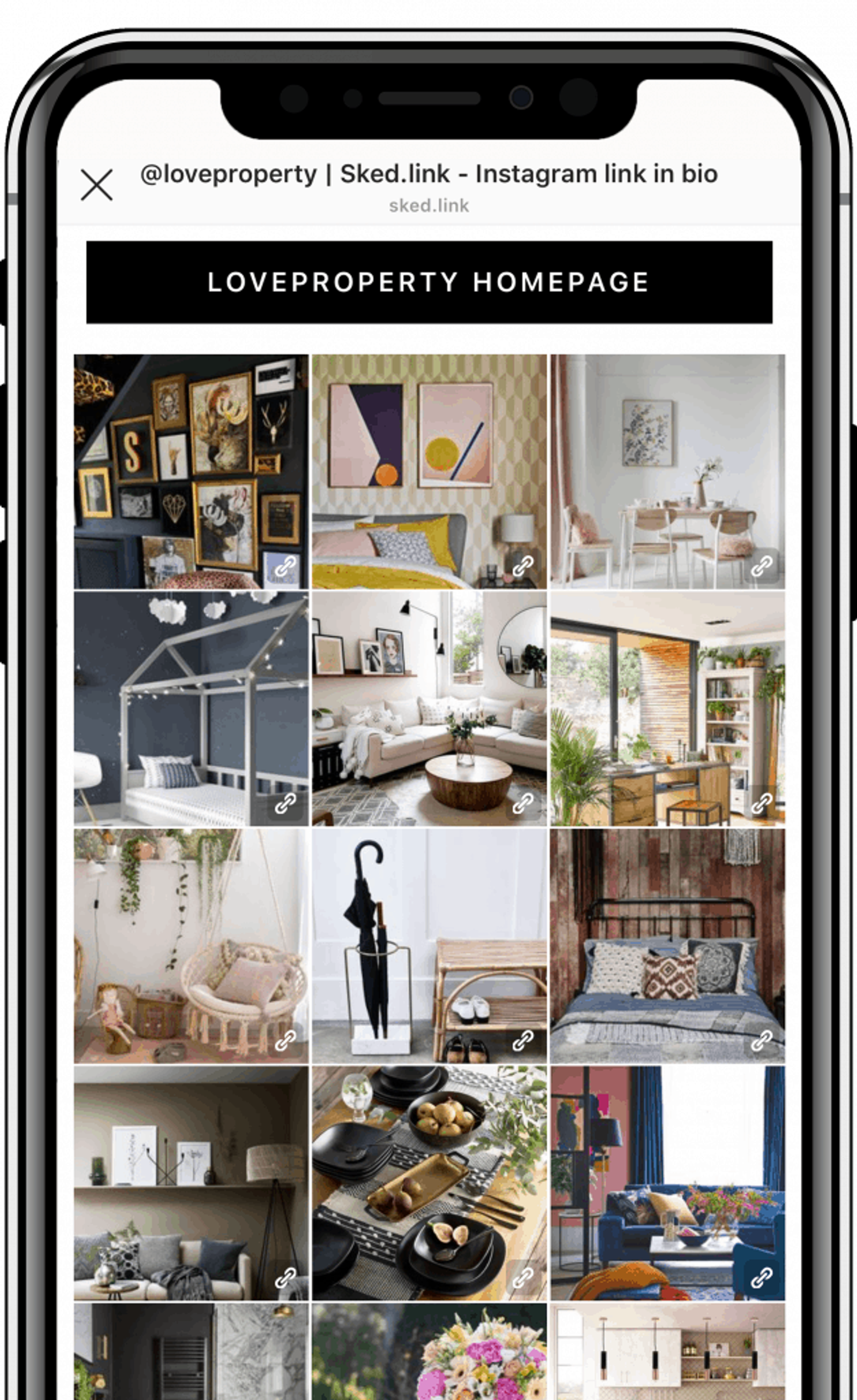 ejemplo de enlace en bio mostrando un feed de galería de Instagram de @loveproperty