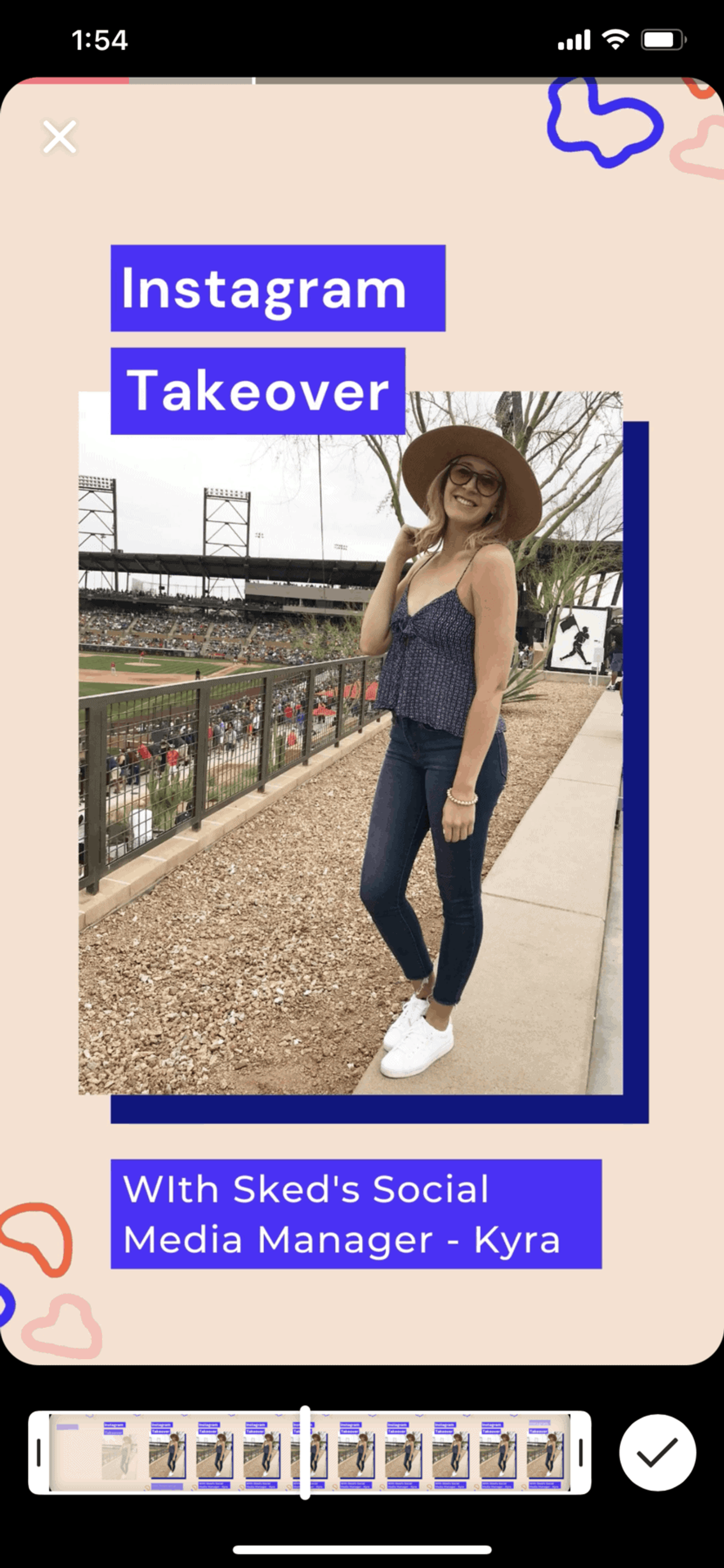 Editor de Reels de Instagram con una historia que dice Instagram Takeover y una foto de una mujer en un estadio.