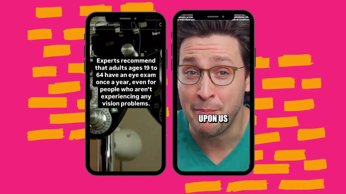 Two phone screens on a pink background with orange brushstrokes. Left screen: eye exam equipment and text. Right screen: man in glasses, text 'UPON US'.