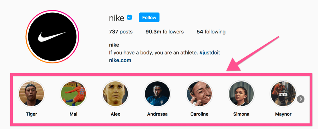 Nike's Instagram profile with an arrow pointing to a row of story highlights below the bio.