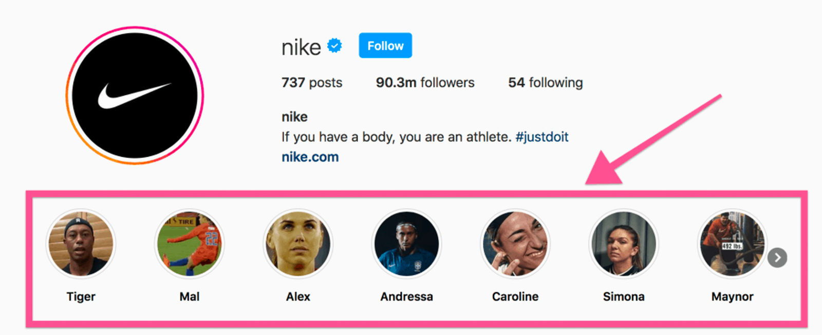 Nike's Instagram profile with an arrow pointing to a row of story highlights below the bio.
