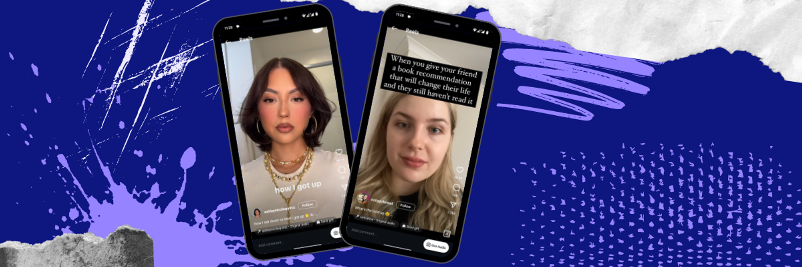 Dos pantallas de celular con Reels de Instagram, una con un video selfie y otra con un meme sobre el rostro de una mujer.