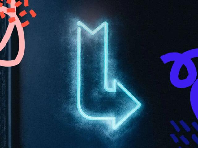 A glowing neon arrow bending downward, framed by pink and blue scribble graphics on a dark wall