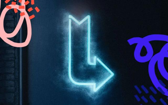 A glowing neon arrow bending downward, framed by pink and blue scribble graphics on a dark wall