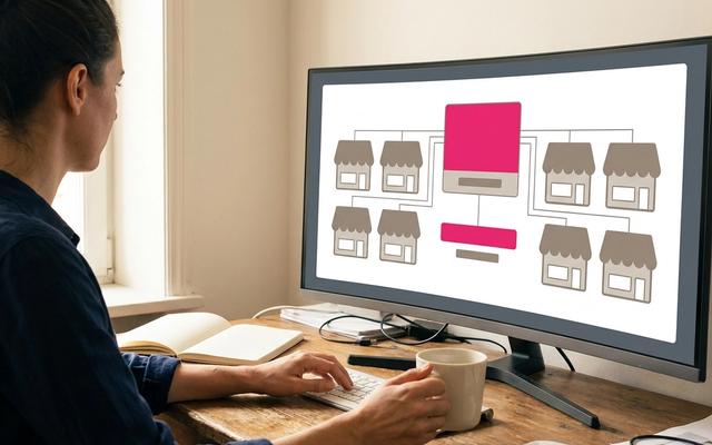 Social media manager at a desk looking at a screen where one pink master post card branches out to eight store tiles