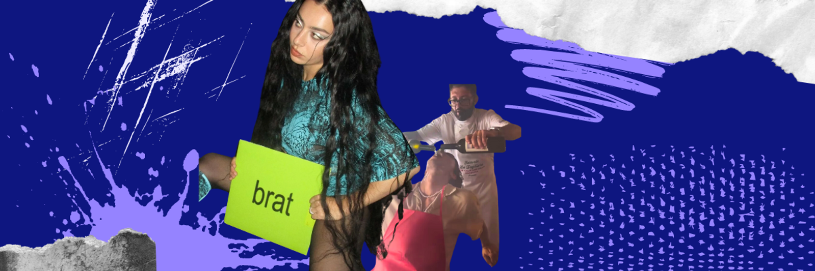 Collage sobre fondo azul con una mujer sosteniendo un cartel verde que dice 'brat' y otras fotos de tendencias.