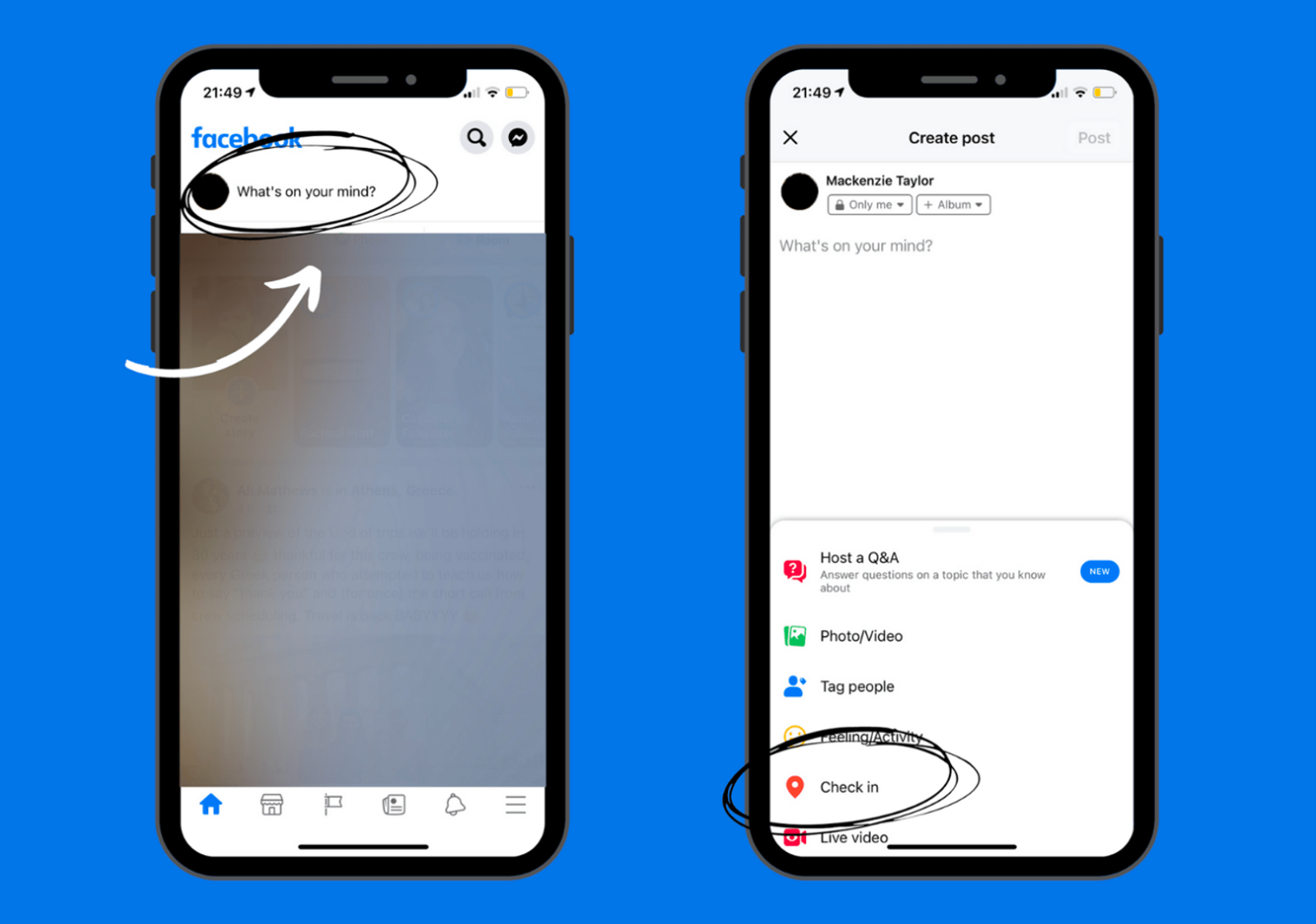 Facebook app screens showing the create post option and the check in location option circled.