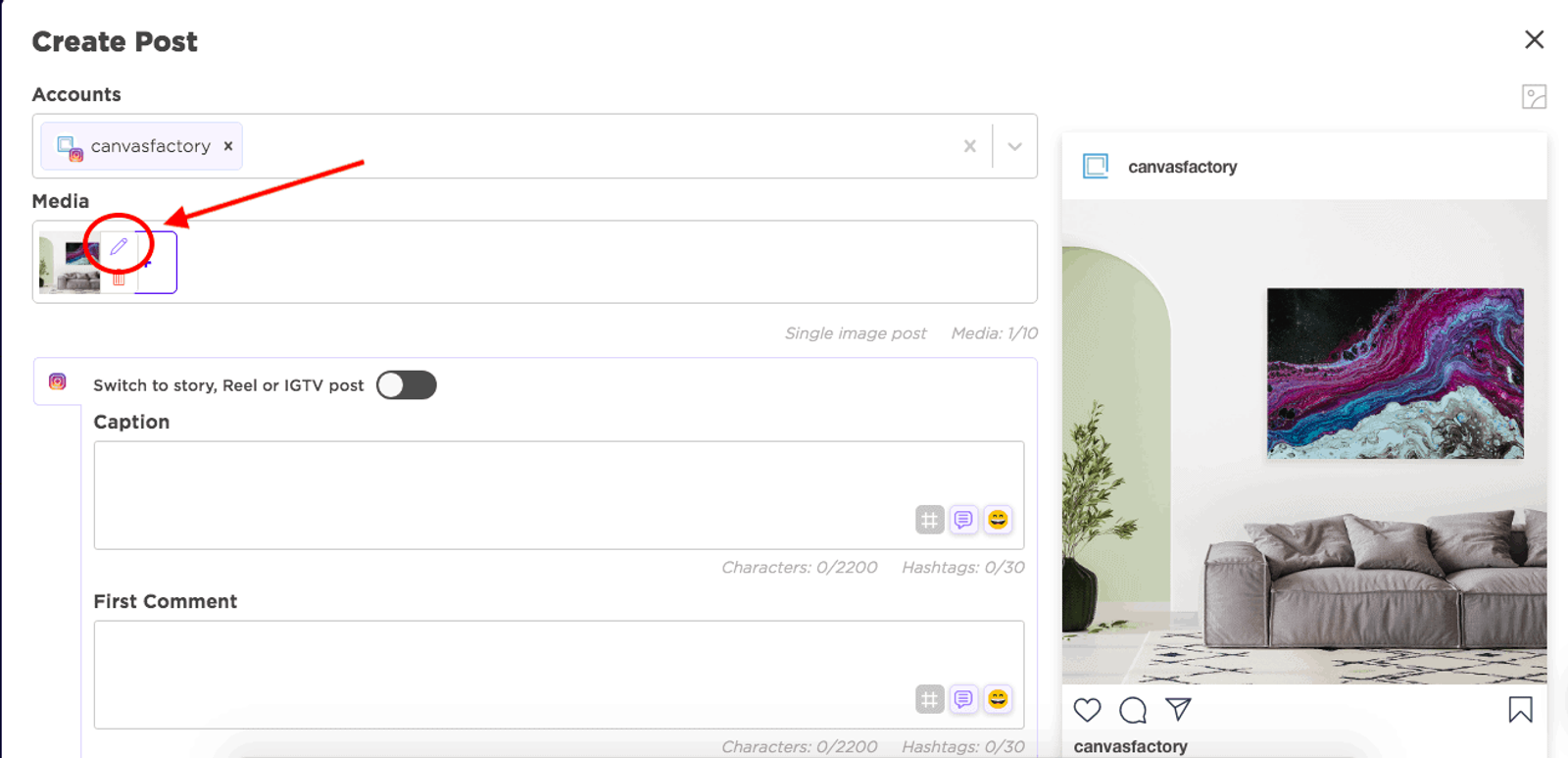 Sked Social create post screen with an arrow pointing to the edit icon on an uploaded image.