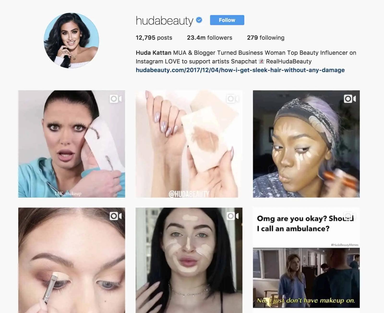 Perfil de Instagram de Huda Beauty con su número de seguidores y miniaturas de tutoriales de maquillaje