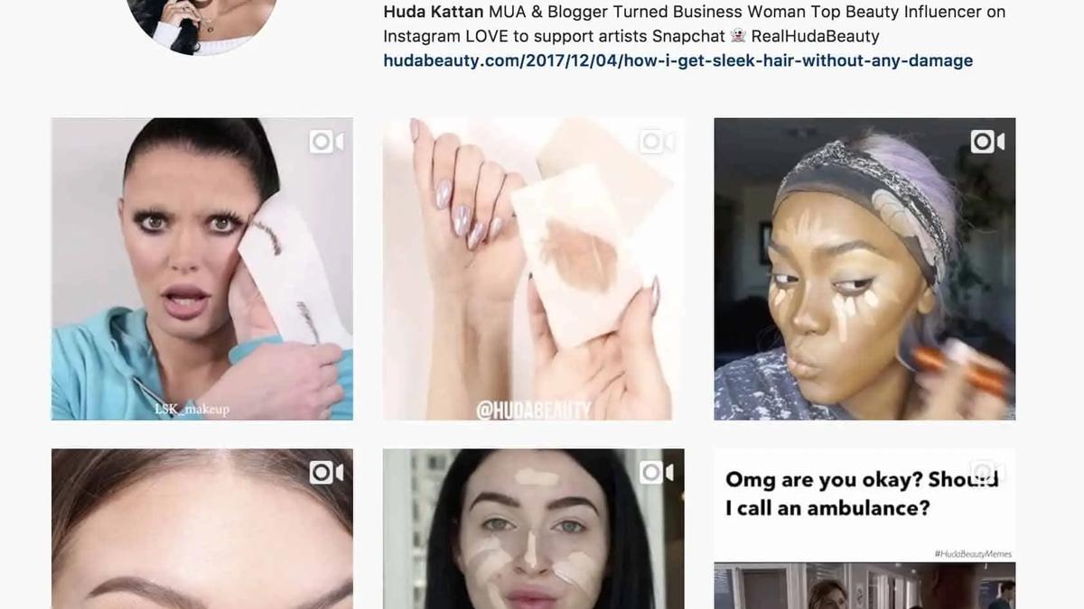 Instagram profile grid for Huda Beauty showing follower count and makeup tutorial thumbnails