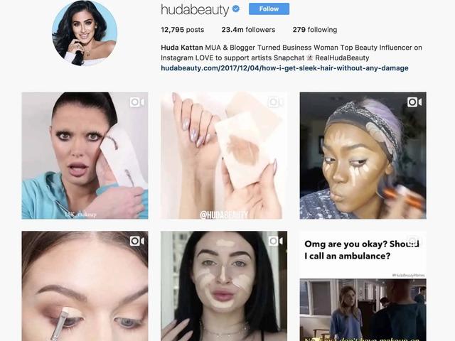 Instagram profile grid for Huda Beauty showing follower count and makeup tutorial thumbnails