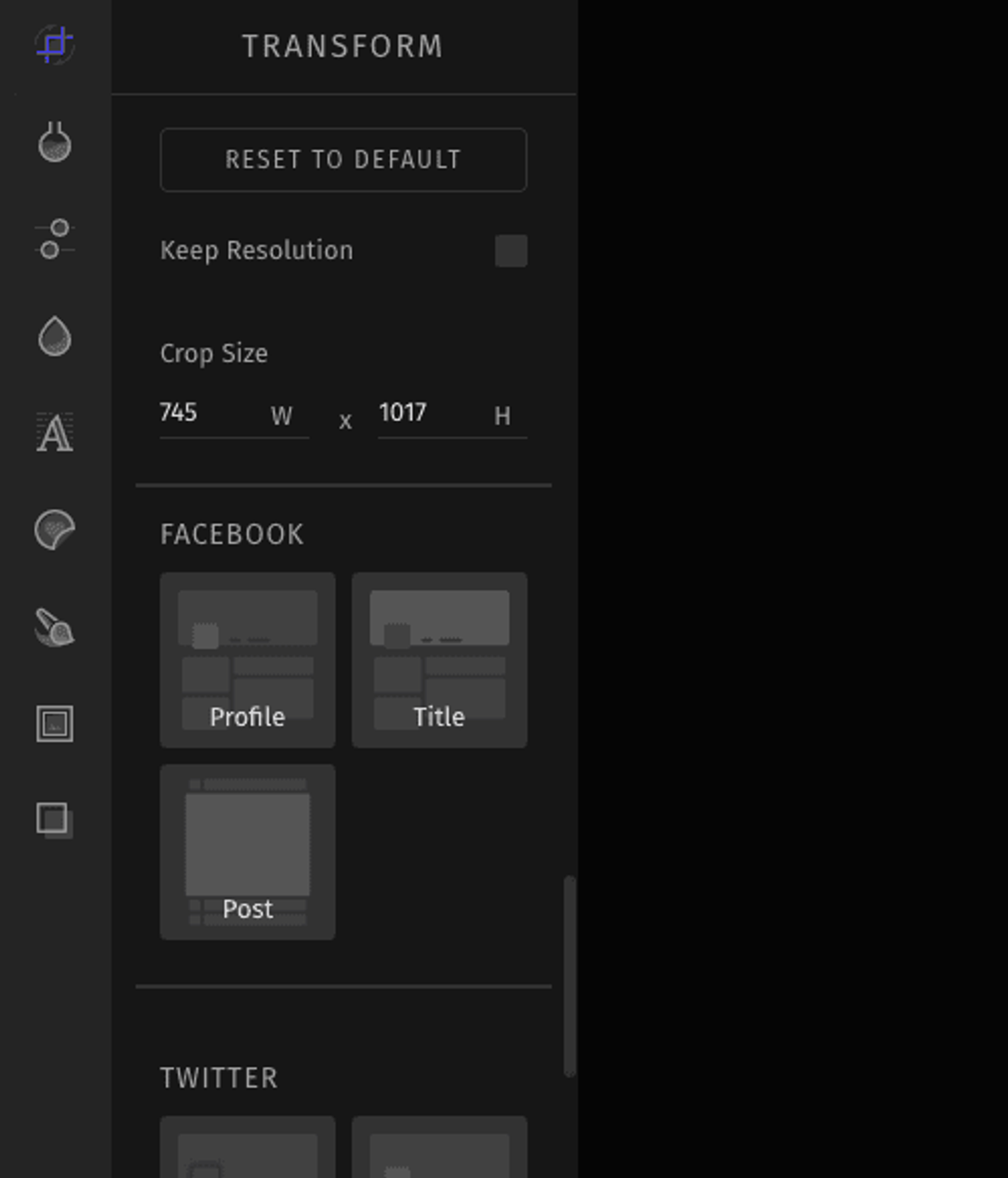 Sked Social image editor transform panel showing crop size fields and Facebook preset crop options.