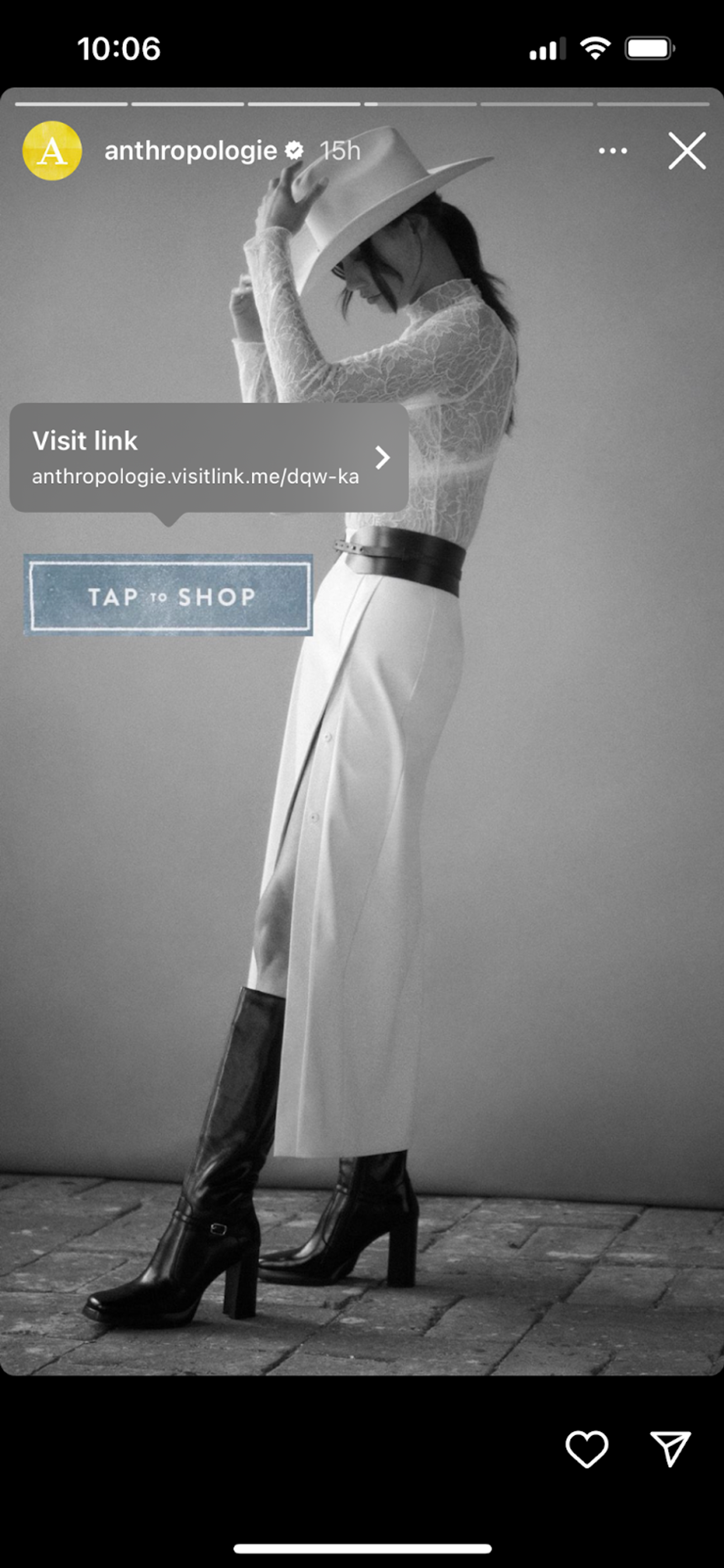 Anthropologie Instagram story with a Visit Link sticker and a 'Tap to Shop' graphic over a fashion photo.